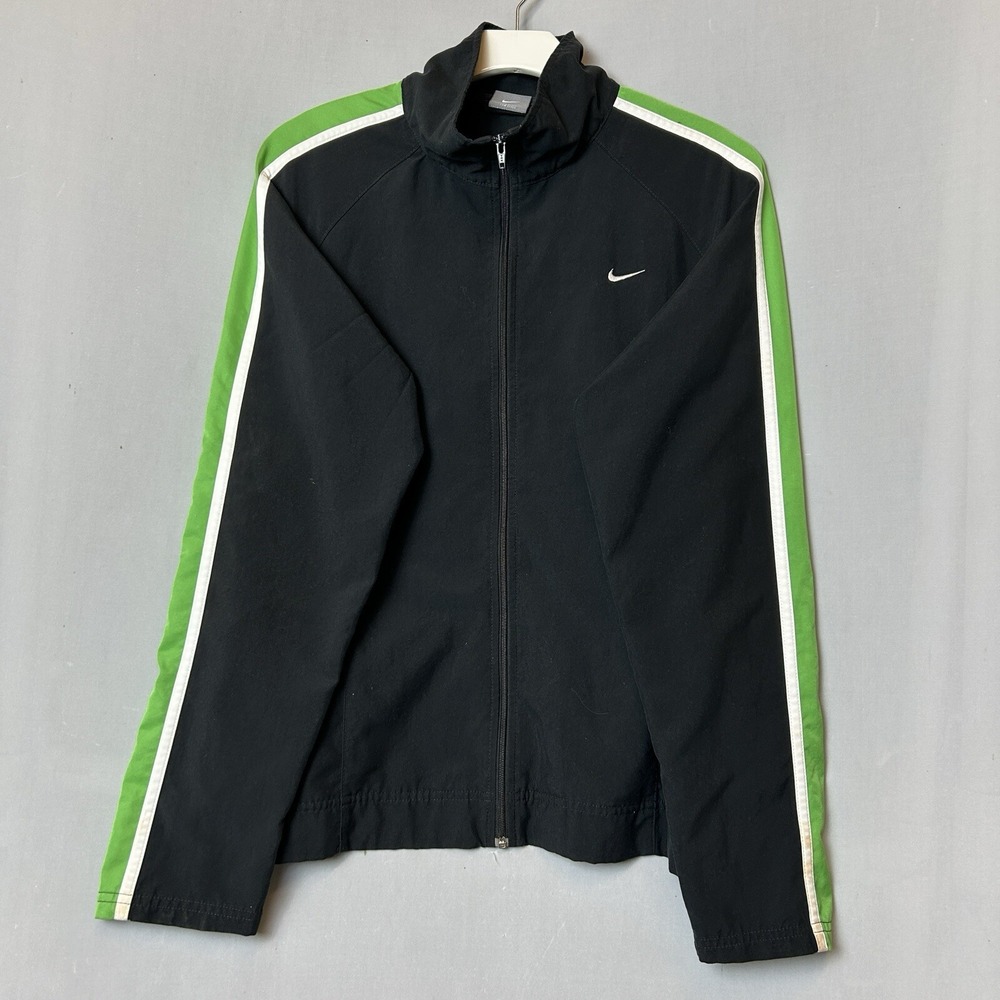 Nike‎ Jacket Womens Large Black Green Full Zip Track Swoosh Logo Pockets